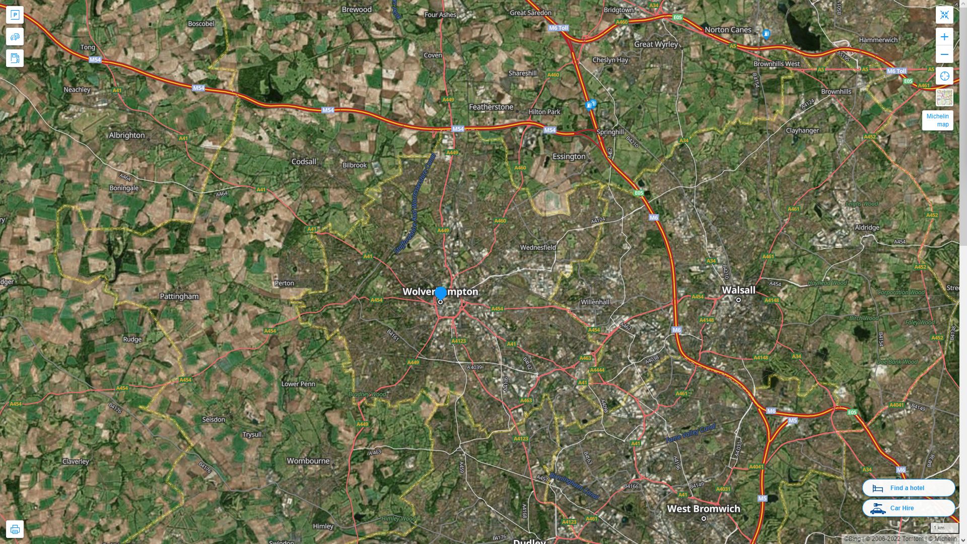 Wolverhampton Royaume Uni Autoroute et carte routiere avec vue satellite